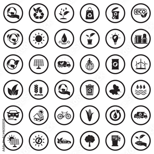 Ecology Icons. Black Flat Design In Circle. Vector Illustration.