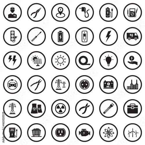Electrical Icons. Black Flat Design In Circle. Vector Illustration.
