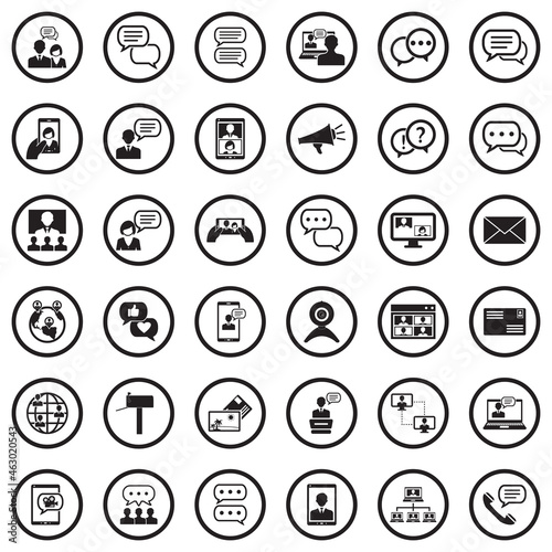 Dialogue Icons. Black Flat Design In Circle. Vector Illustration.