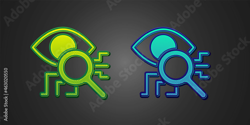 Green and blue Eye scan icon isolated on black background. Retinal scan. Scanning eye. Security check symbol. Cyber eye sign. Vector