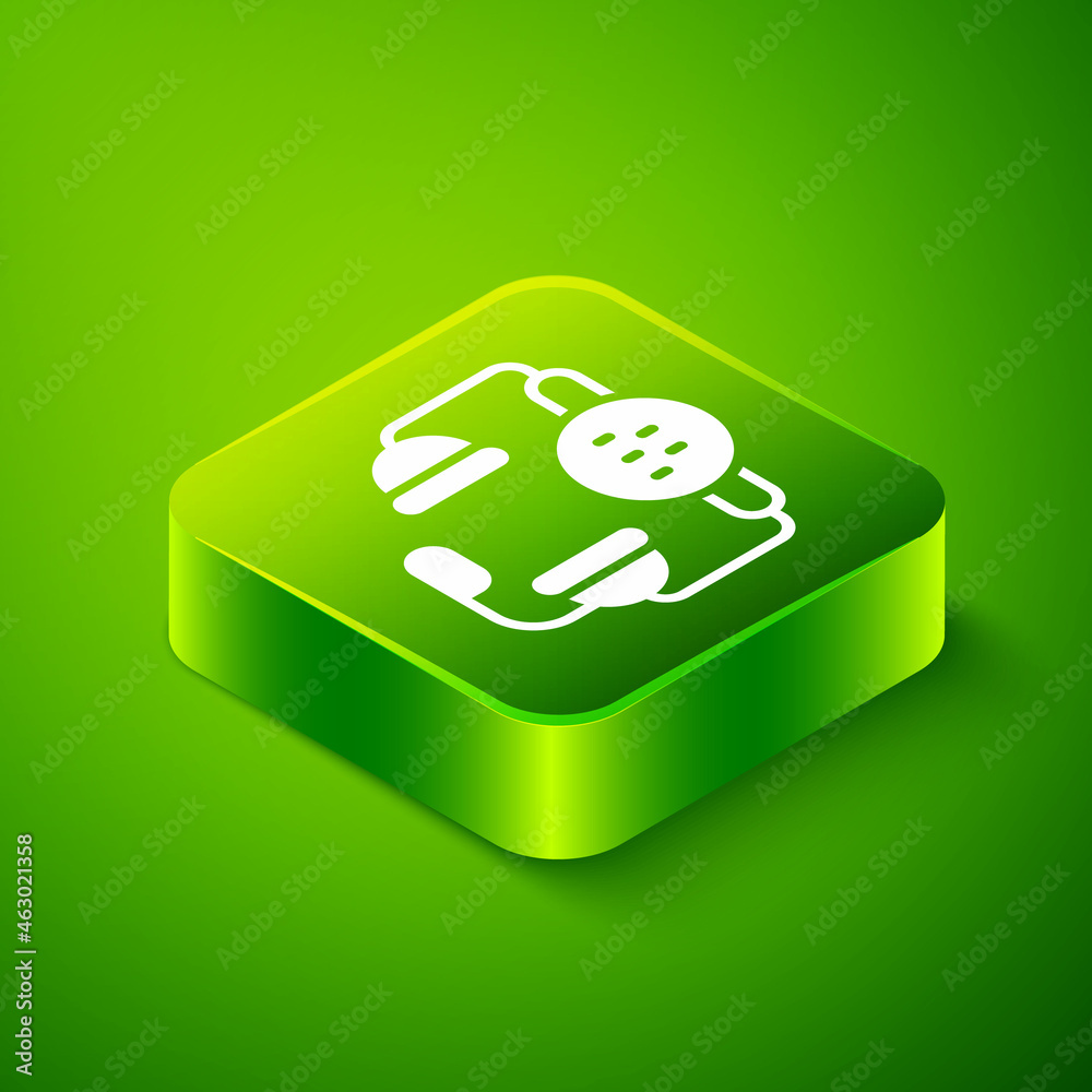 Isometric Taxi call telephone service icon isolated on green background. Taxi for smartphone. Green square button. Vector Isometric Taxi call telephone service icon isolated on green background. Taxi for smartphone. Green square button. Vector