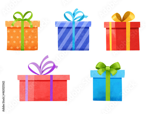 Set of gifts boxes isolated on white. Watercolor christmas and new year set with gift boxes.