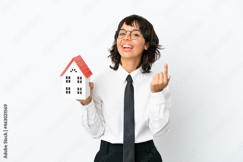 Real estate mixed race agent isolated on white background making money gesture Real estate mixed race agent isolated on white background making money gesture