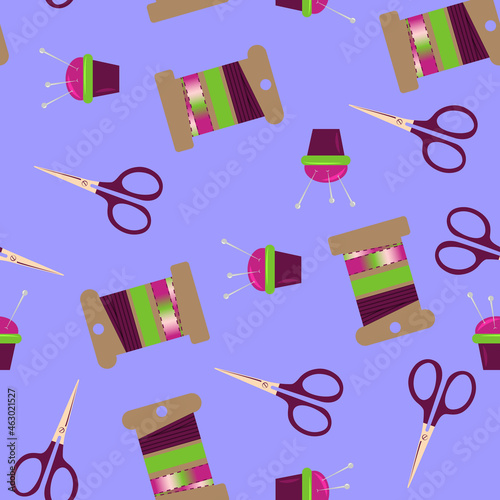 Seamless pattern with sewing materials on light background. Scissors, needls and ribbons. Eps 10.