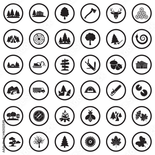 Forest Icons. Black Flat Design In Circle. Vector Illustration.