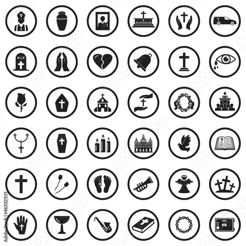 Funeral Icons. Black Flat Design In Circle. Vector Illustration.