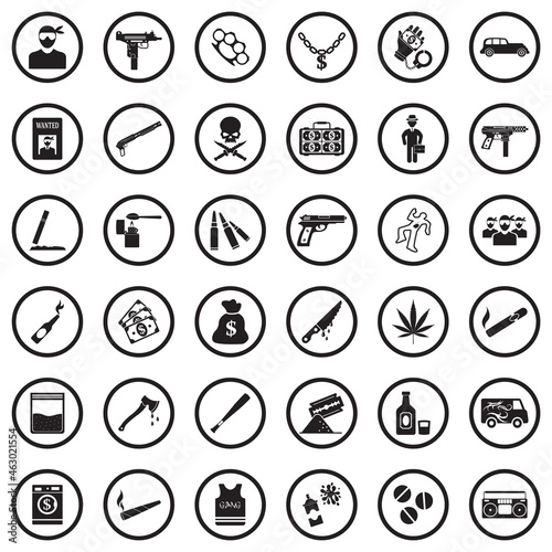 Gang Icons. Black Flat Design In Circle. Vector Illustration.