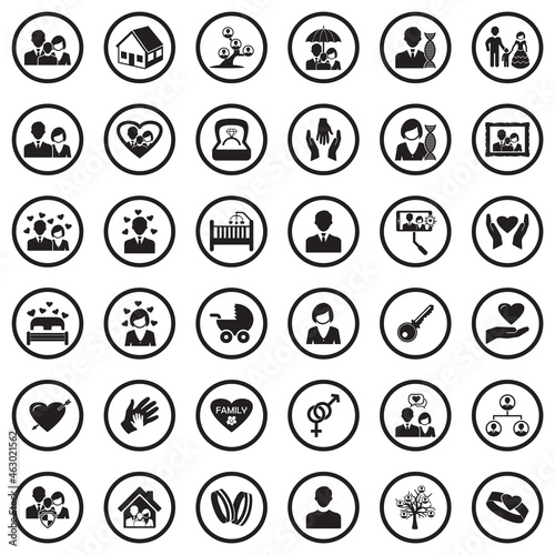 Family Icons. Black Flat Design In Circle. Vector Illustration.