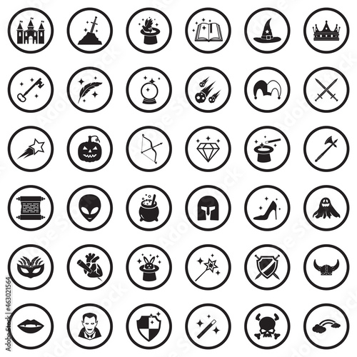 Fantasy Icons. Black Flat Design In Circle. Vector Illustration.