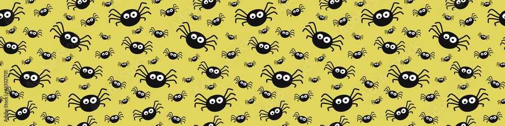 Banner with funny spiders. Halloween seamless pattern. Vector