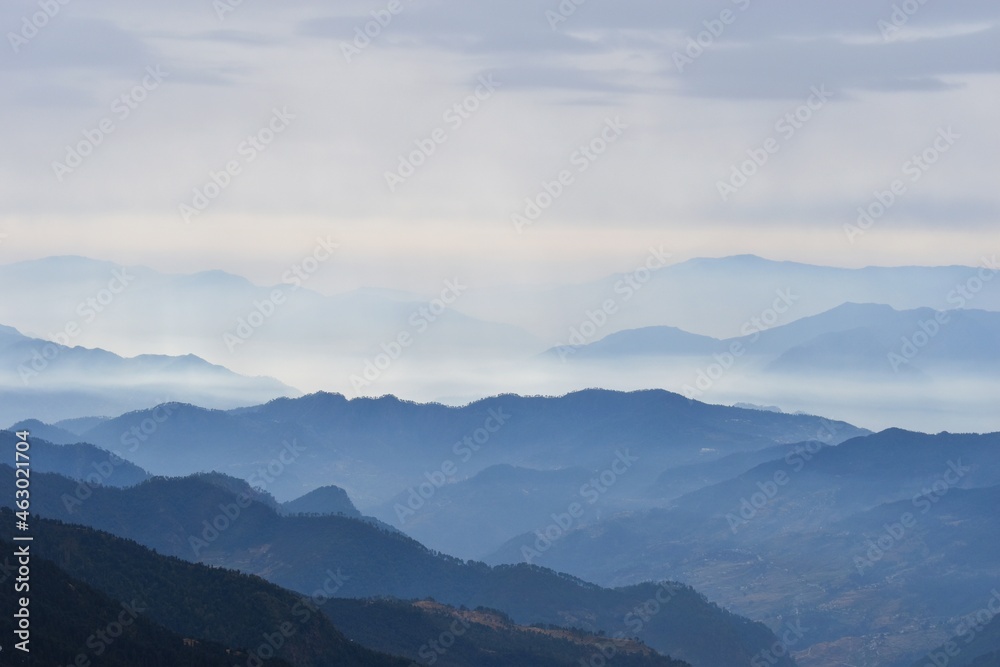 mountain range in the foggy day.
