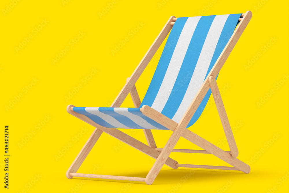 Blue striped beach chair for summer getaways isolated on yellow background.