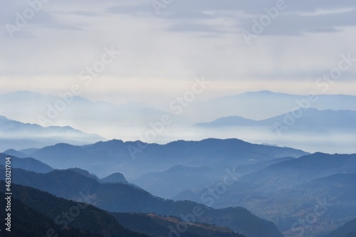 mountain range in the foggy day.