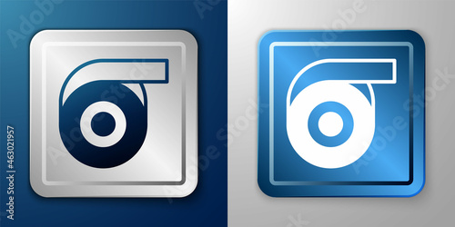 White Scotch tape icon isolated on blue and grey background. Roll adhesive tape. Insulating tape. Silver and blue square button. Vector