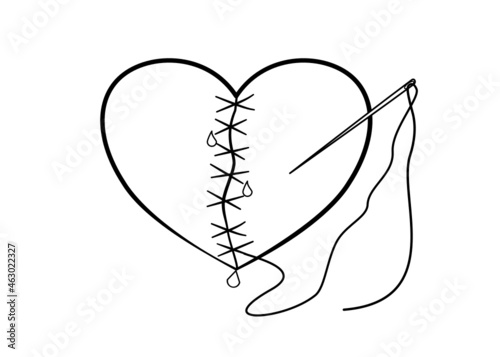Drawing Line art of Broken heart was cut and attached with many pin,needle and thread brooches.Sadness,Feeling sorry for broken heart. Vector illustration.