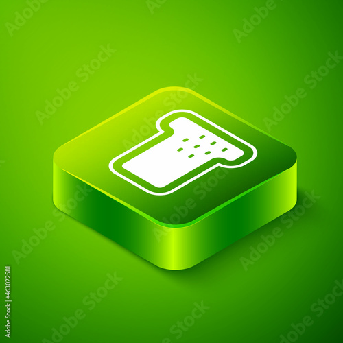 Isometric Bread toast for sandwich piece of roasted crouton icon isolated on green background. Lunch, dinner, breakfast snack. Green square button. Vector