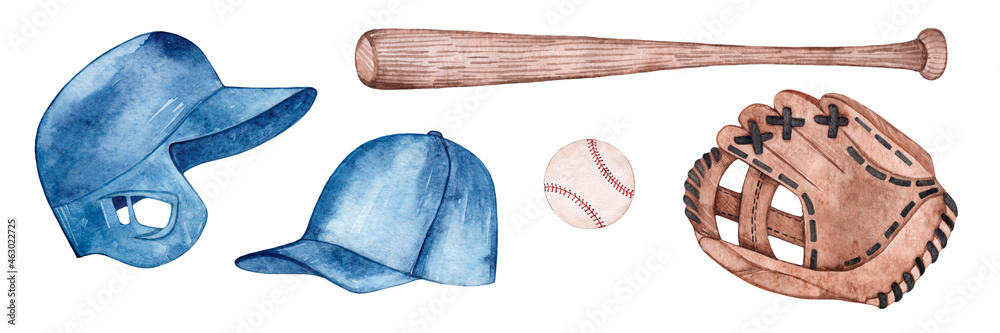 Watercolor baseball set. Sport equipment. Helmet, cap, bat, ball, glove.  Isolated over white background. Stock Illustration | Adobe Stock