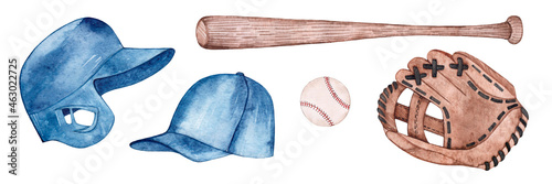 Watercolor baseball set. Sport equipment. Helmet, cap, bat, ball, glove. Isolated over white background.