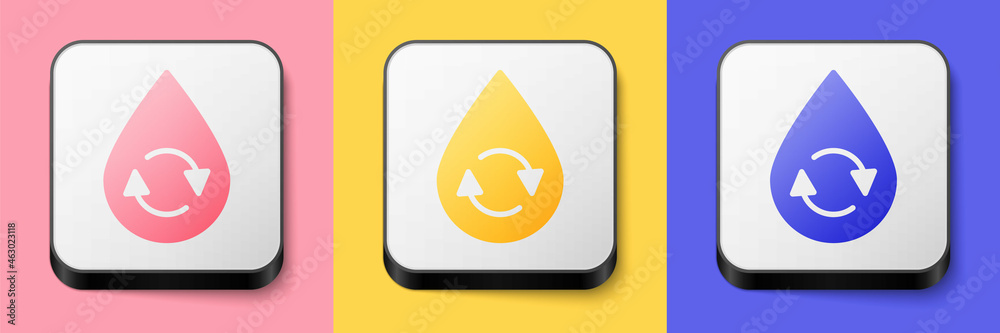 Isometric Recycle clean aqua icon isolated on pink, yellow and blue background. Drop of water with sign recycling. Square button. Vector Isometric Recycle clean aqua icon isolated on pink, yellow and blue background. Drop of water with sign recycling. Square button. Vector