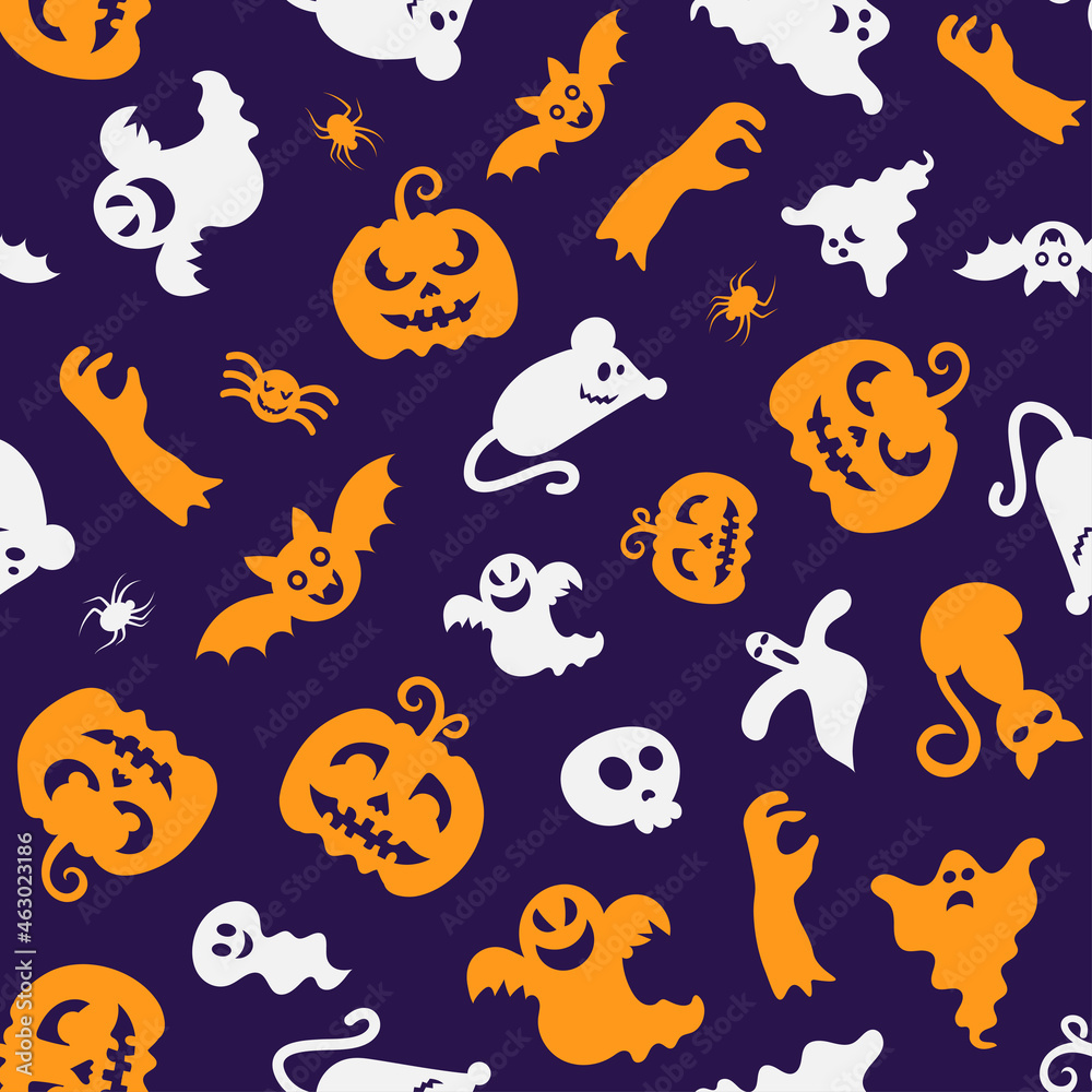 Seamless vector pattern for Halloween design. Halloween symbols: pumpkin, spider, ghost in cartoon style. Vector Illustration