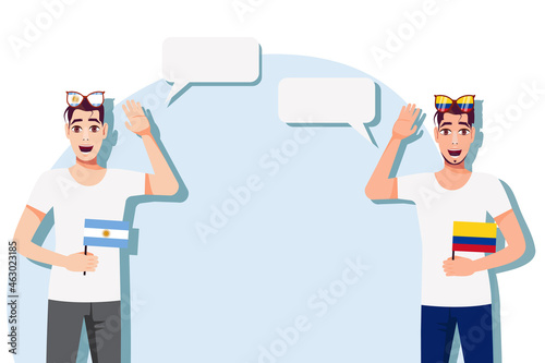 The concept of international communication, sports, education, business between Argentina and Colombia. Men with Argentine and Colombian flags. Vector illustration.
