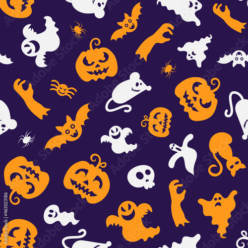 Seamless vector pattern for Halloween design. Halloween symbols: pumpkin, spider, ghost in cartoon style. Vector Illustration