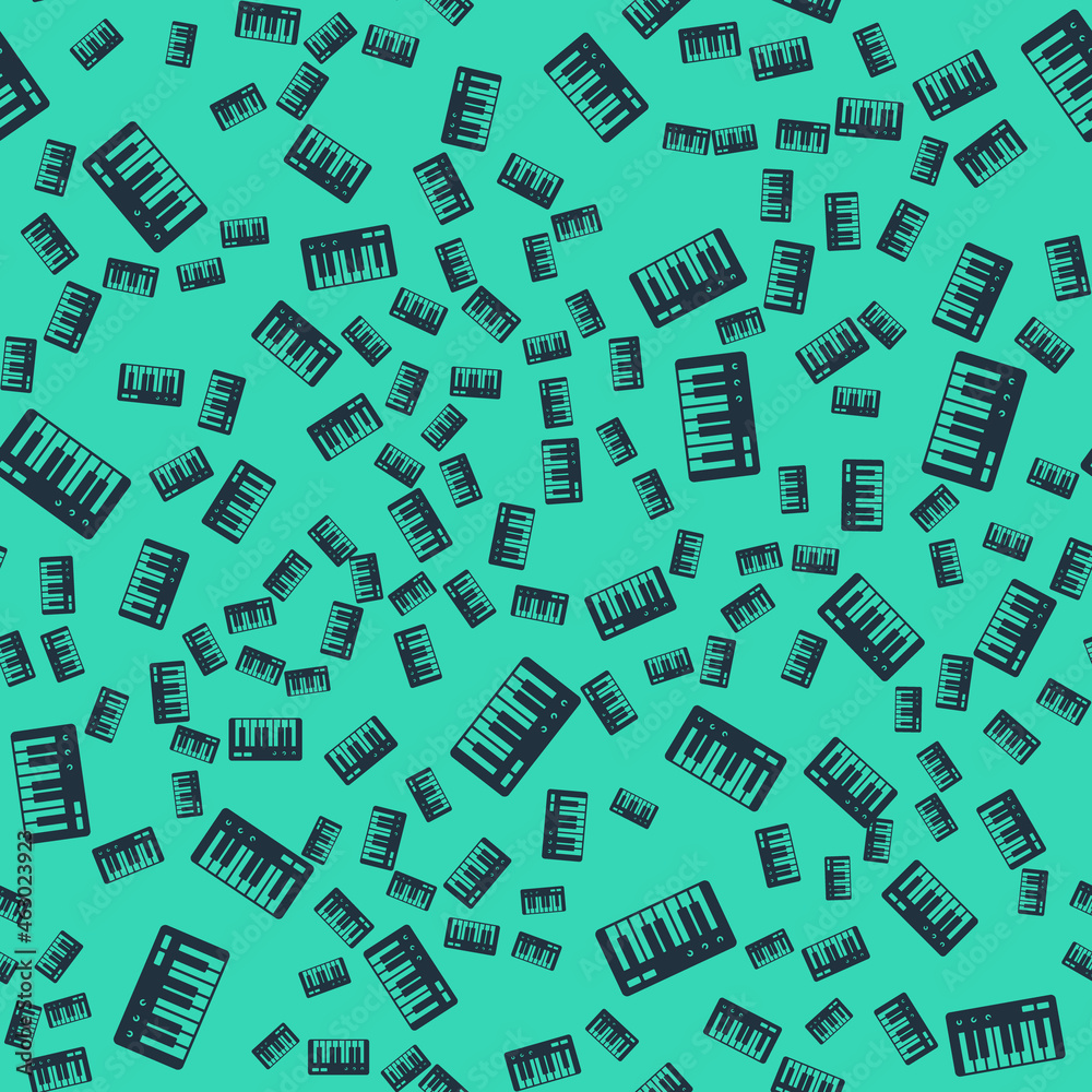 Black Music synthesizer icon isolated seamless pattern on green background. Electronic piano. Vector