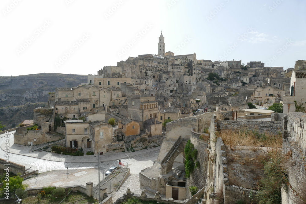 Panorama of Matera from Colombo viewpoint on Sasso Barisano and on the canyon carved by the Gravina River