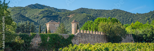 Panorama landscape with the twelfth century Cistercian monastery of Santa Maria de Poblet  Catalonia. Spain