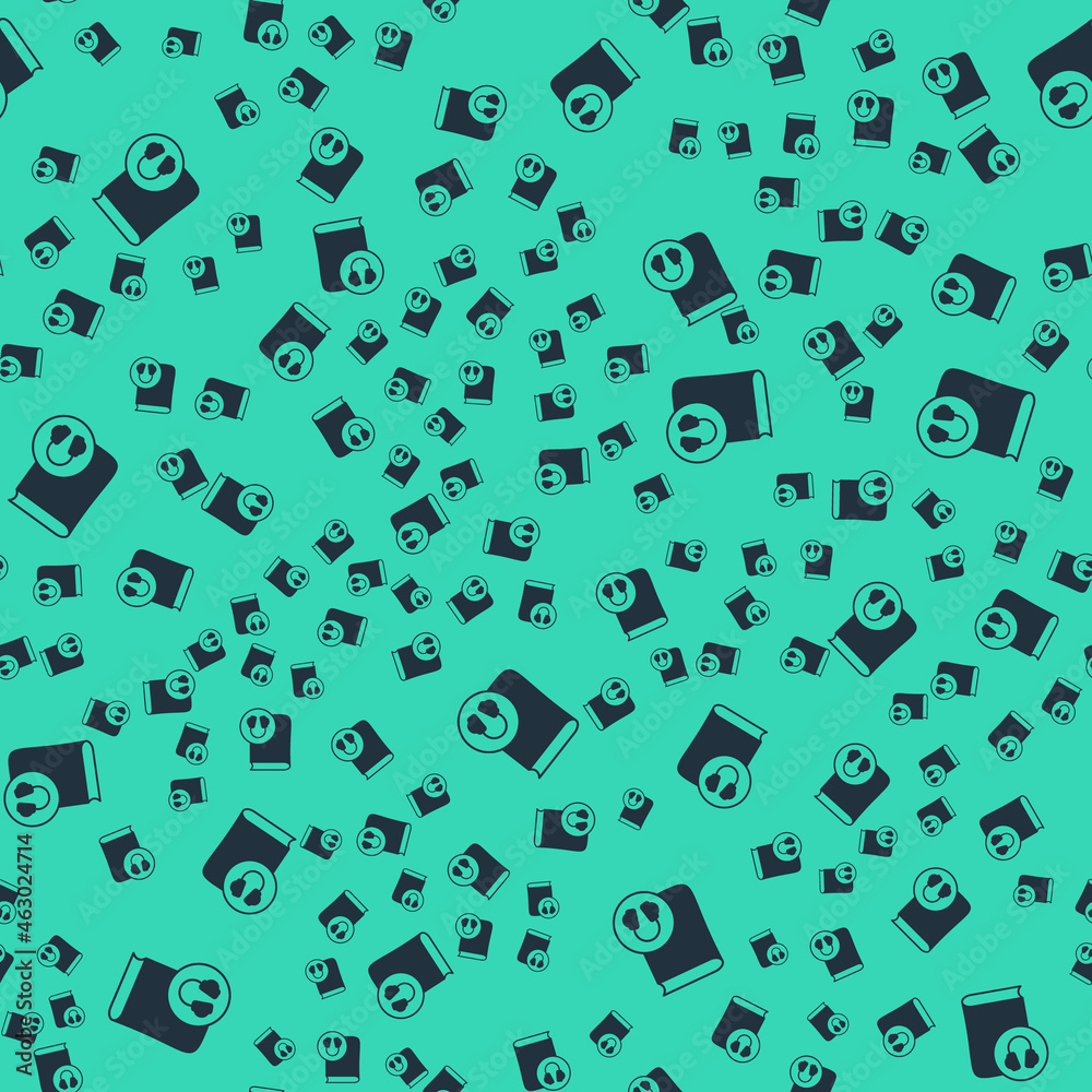 Black Audio book icon isolated seamless pattern on green background. Book with headphones. Audio guide sign. Online learning concept. Vector Black Audio book icon isolated seamless pattern on green background. Book with headphones. Audio guide sign. Online learning concept. Vector