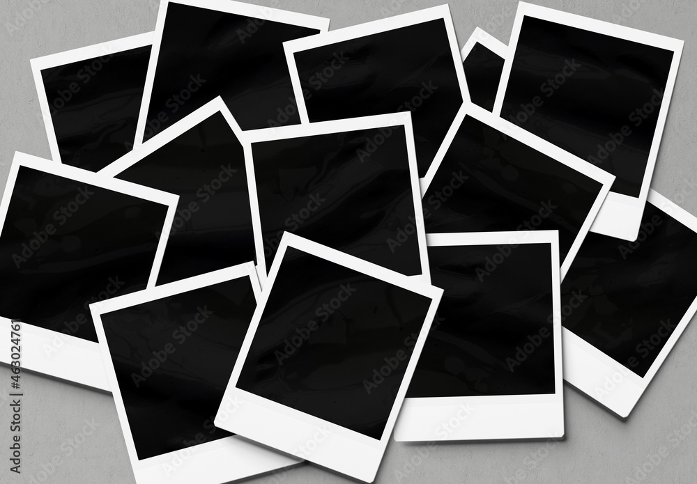 Stack of instant photos Mockup. Pile of retro photographs on concrete 3D rendering Stack of instant photos Mockup. Pile of retro photographs on concrete 3D rendering