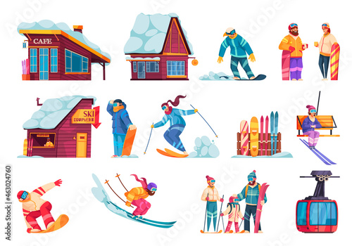 Winter Ski Resort Cartoon Set