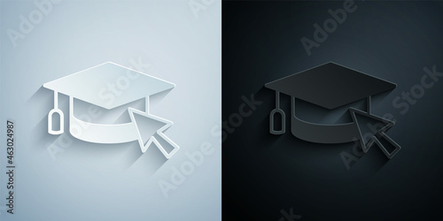 Paper cut Graduation cap with cursor icon isolated on grey and black background. World education symbol. Online learning or e-learning concept. Paper art style. Vector