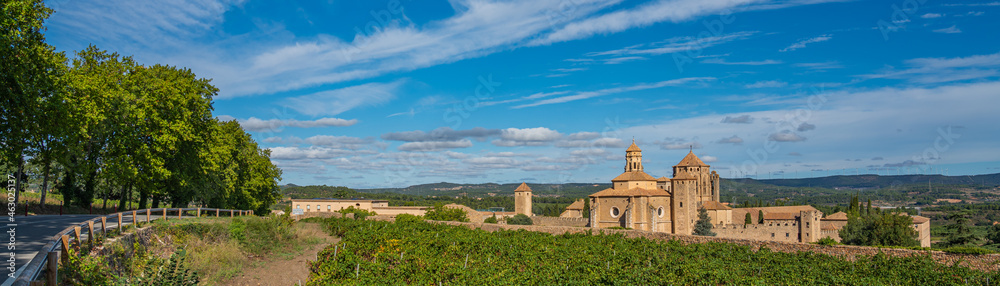 Panorama landscape with the twelfth century Cistercian monastery of Santa Maria de Poblet, Catalonia. Spain