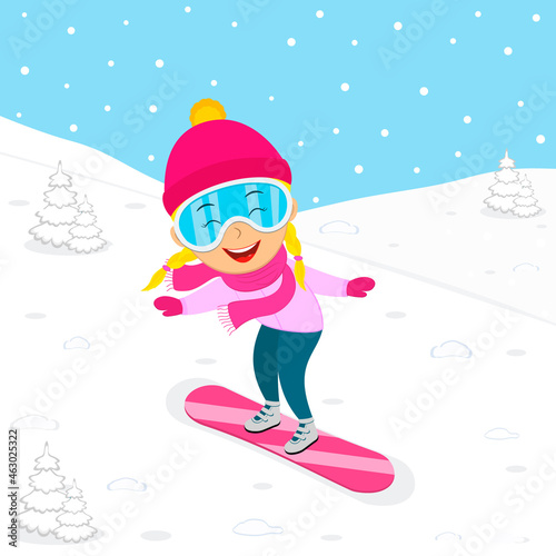 kids winter activity, girl snowboarding