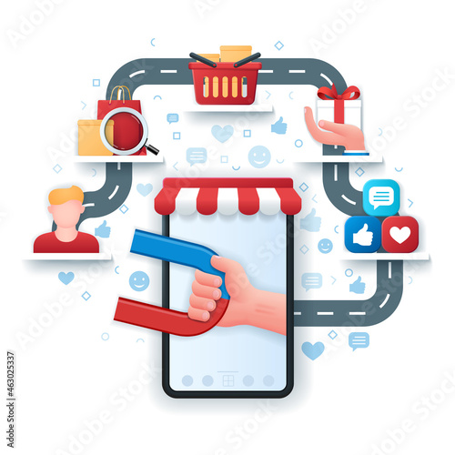 Customer journey concept. Mobile phone with hand holding magnet on screen. Buyer, product search, shopping basket, bonus, feedback icons. Business banner. Web vector landing page template in 3D style