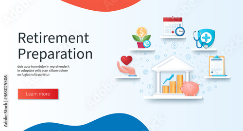 Retirement preparation concept. Pension fund building and piggy bank on the shelf. Healthcare, investment, schedule, health insurance, contract icons. Web vector illustrations in 3D style