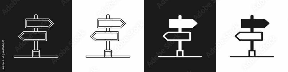 Set Road traffic sign. Signpost icon isolated on black and white background. Pointer symbol. Isolated street information sign. Direction sign. Vector Set Road traffic sign. Signpost icon isolated on black and white background. Pointer symbol. Isolated street information sign. Direction sign. Vector
