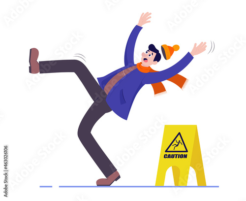 The man slips and falls on the wet floor. A sign of caution. Vector illustration
