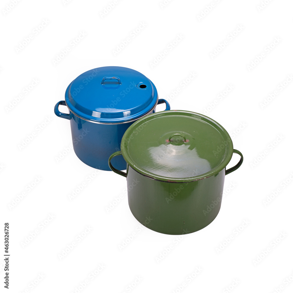 Old style enamel pot on white background Old style enamel pot on white background