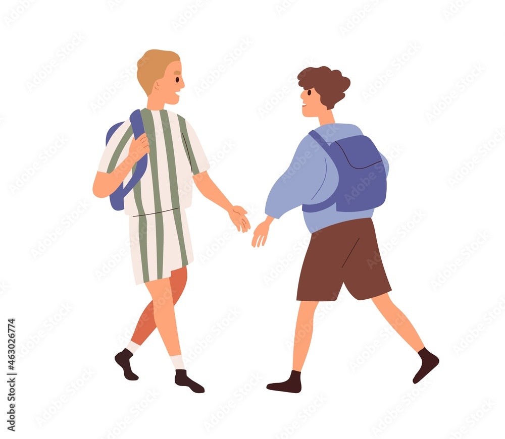 Junior schoolkids with schoolbags meeting and greeting. Boys going to and from school. Happy children passing by each other and smiling. Flat vector illustration of schoolboys isolated on white