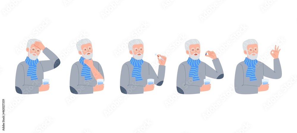 An old man gets sick and eats a pill for health. Disease treatment, drug, and vitamin concept. Vector flat illustrations isolated on white background.