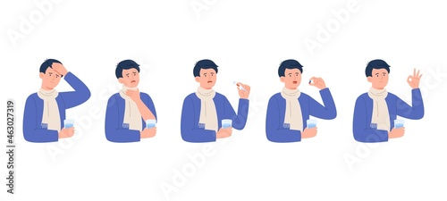 A young man gets sick and eats a pill for health. Disease treatment, drug, and vitamin concept. Vector flat illustrations isolated on white background.