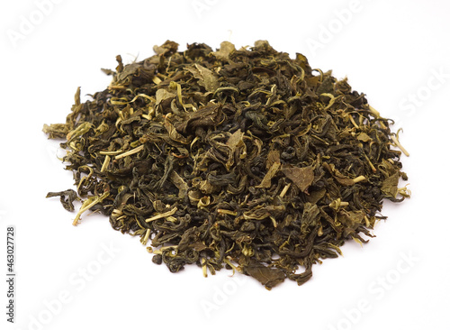 white background dry dried green tea leaf nokcha   