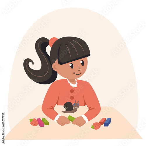 A little girl sculpts from plasticine. Children's leisure. Cartoon vector illustration isolated