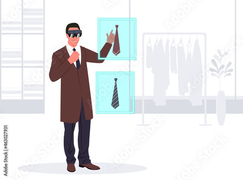 Young man in a clothing store in a virtual fitting room. Shopping of the future with augmented reality glasses. Flat vector illustration