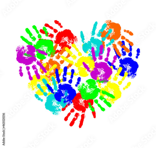  Heart made of multicolored handprints. Children art. Vector hand-drawn illustration