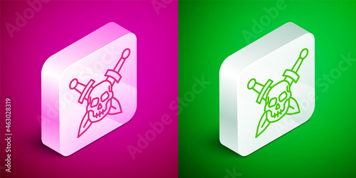 Isometric line Crossed medieval sword with skull icon isolated on pink and green background. Medieval weapon. Silver square button. Vector