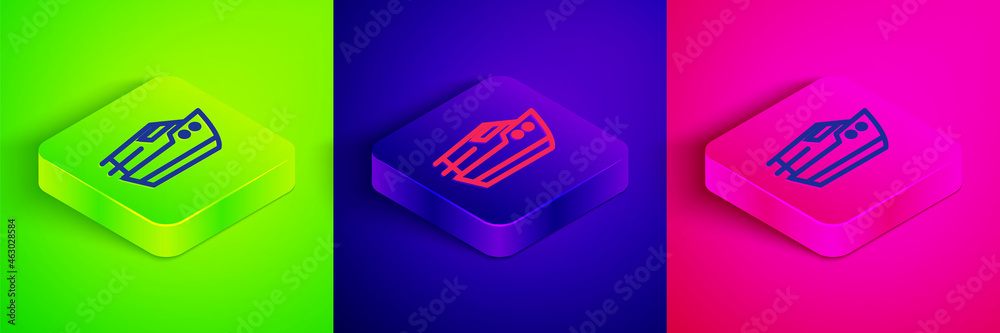 Isometric line Speedboat icon isolated on green, blue and pink background. Square button. Vector Isometric line Speedboat icon isolated on green, blue and pink background. Square button. Vector