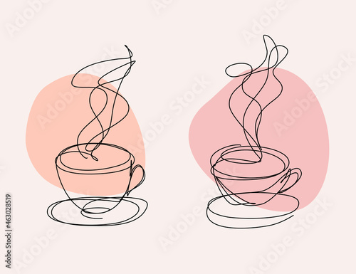 Coffee Cups in Continuous Line Art Style with editable Stroke. Simple Art for Cafe, Restaurants. Minimalistic Design.